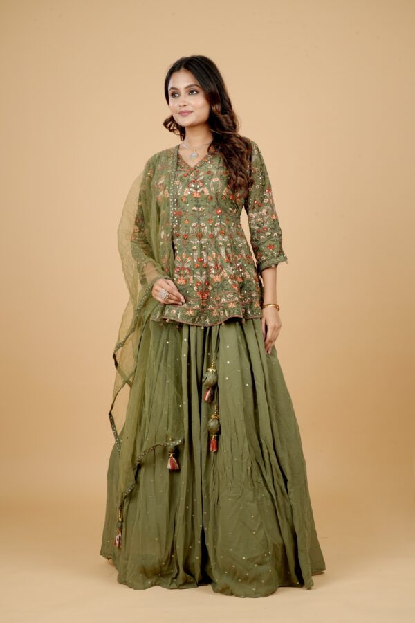 Olive Green Embroidered Kurti with Lehenga & Dupatta