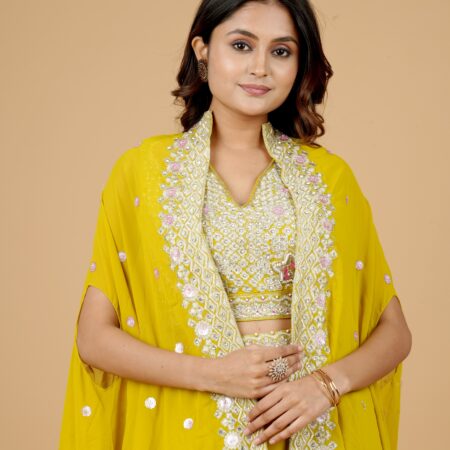 Yellow Embroidered Kurti Pant Set with Cape