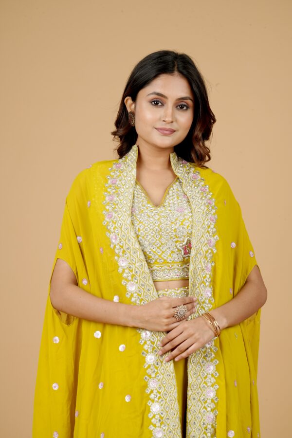 Yellow Embroidered Kurti Pant Set with Cape